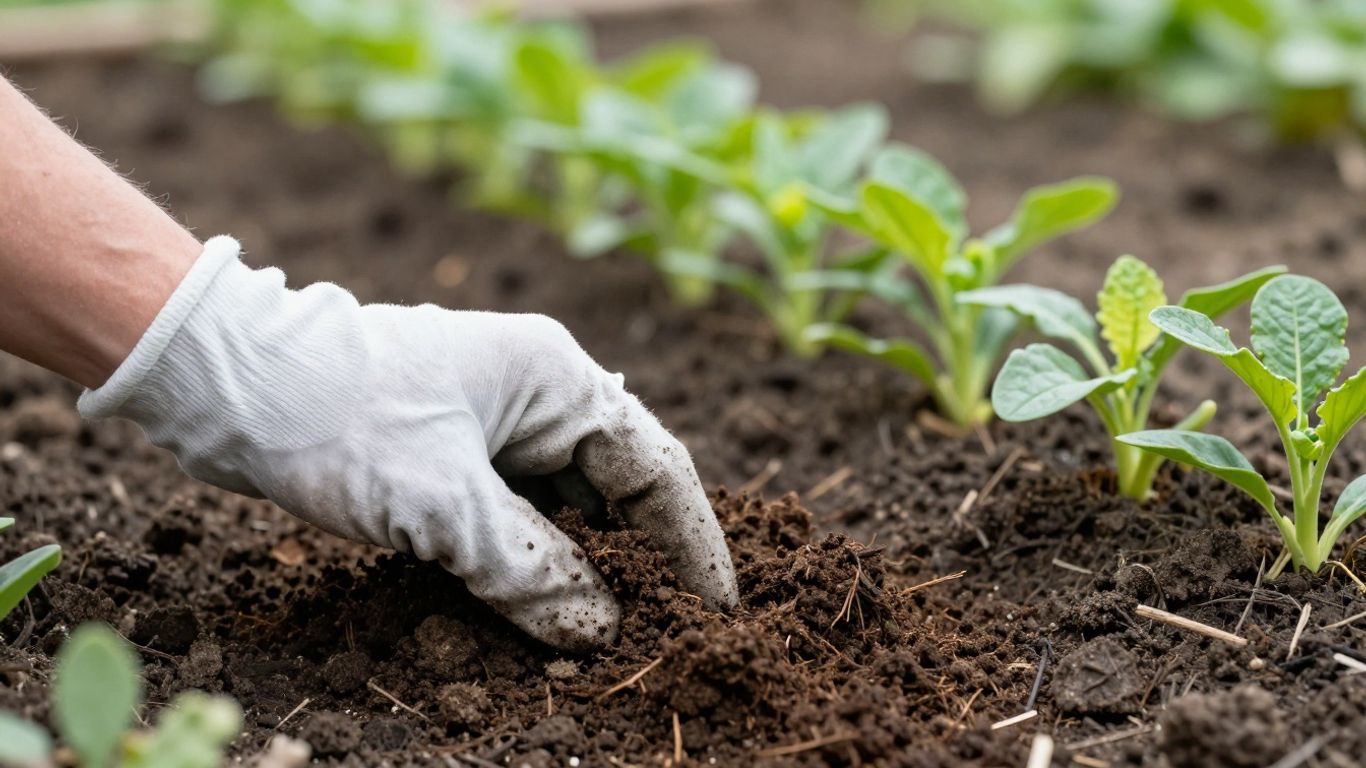 Kompost wird auf ein Gartenbeet gestreut.
