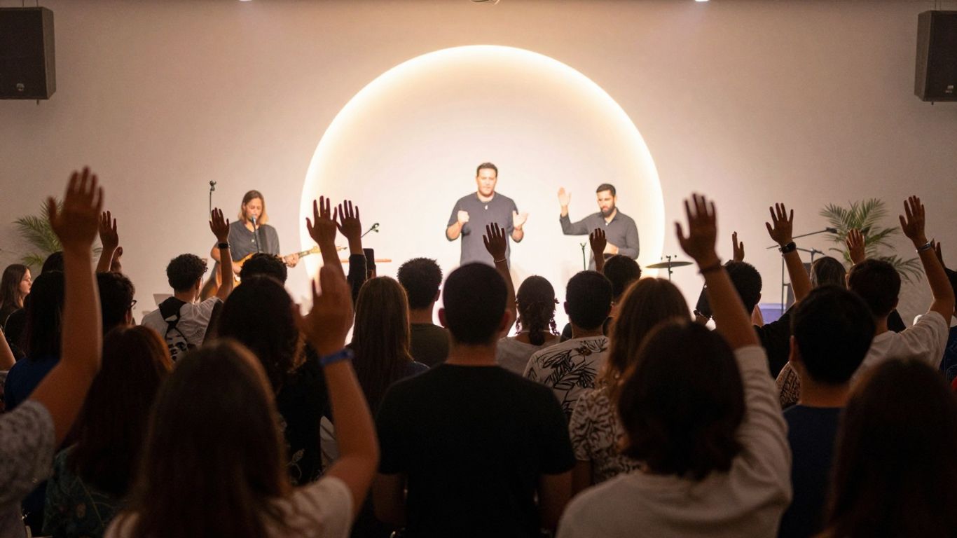 Worship service with raised hands and glowing musicians.