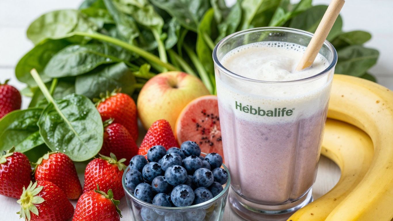 Herbalife shake ingredients with fruits and protein powder.