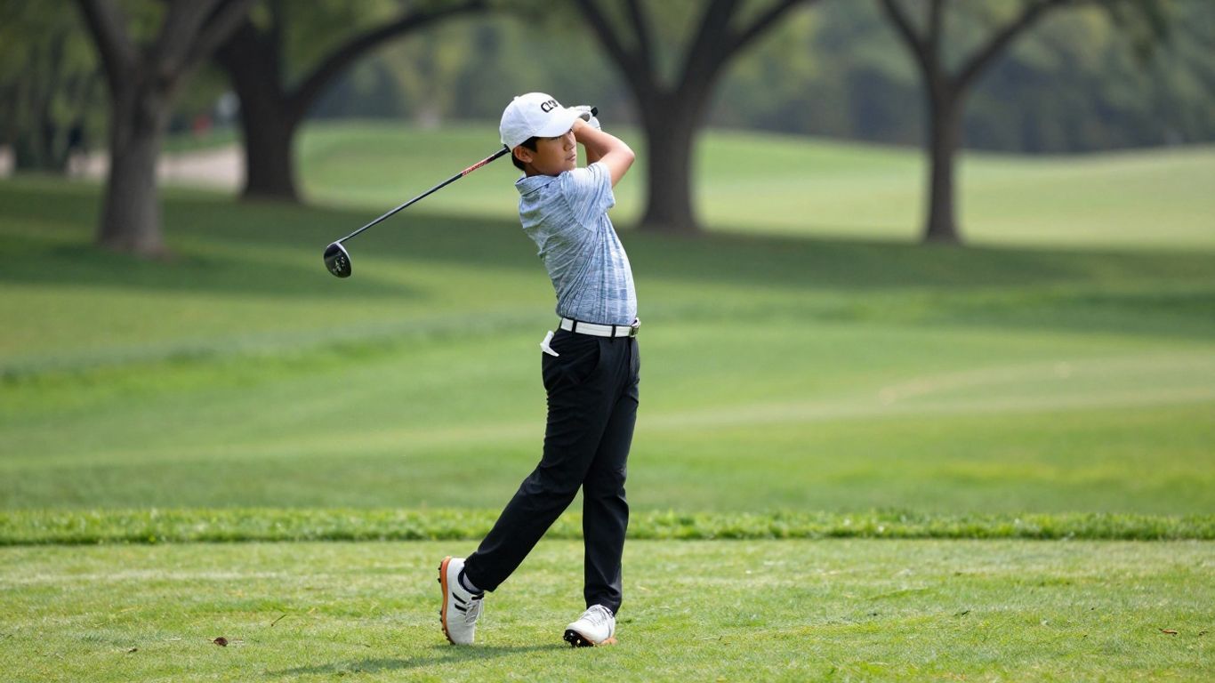 Junior golfer swinging club on a sunny golf course.