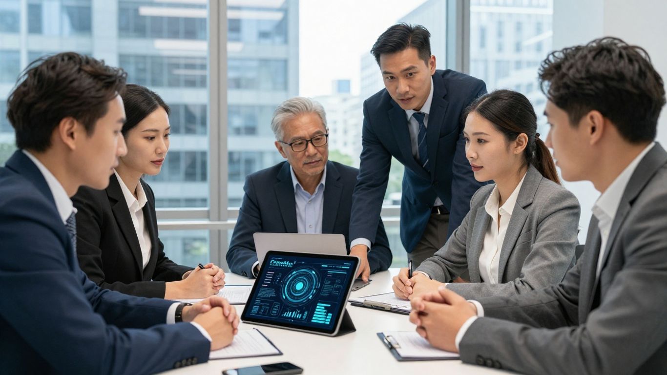 Professionals collaborating on AI stock investments in an office