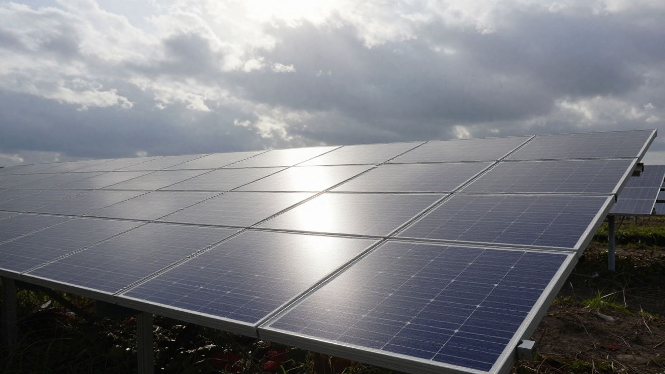 Solarpaneel unter bedecktem Himmel, das diffuses Licht einfängt.
