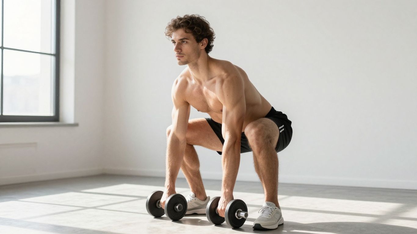 Beginner doing dumbbell squats in a gym.