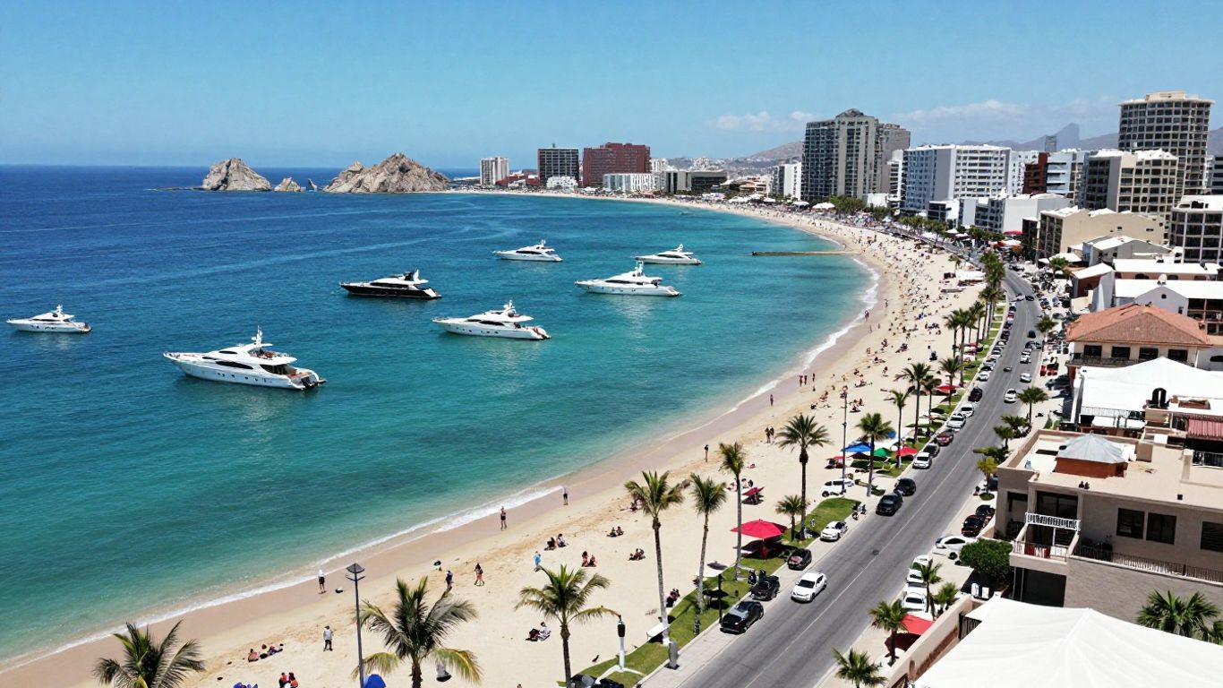 Crowded beach and yachts in Los Cabos