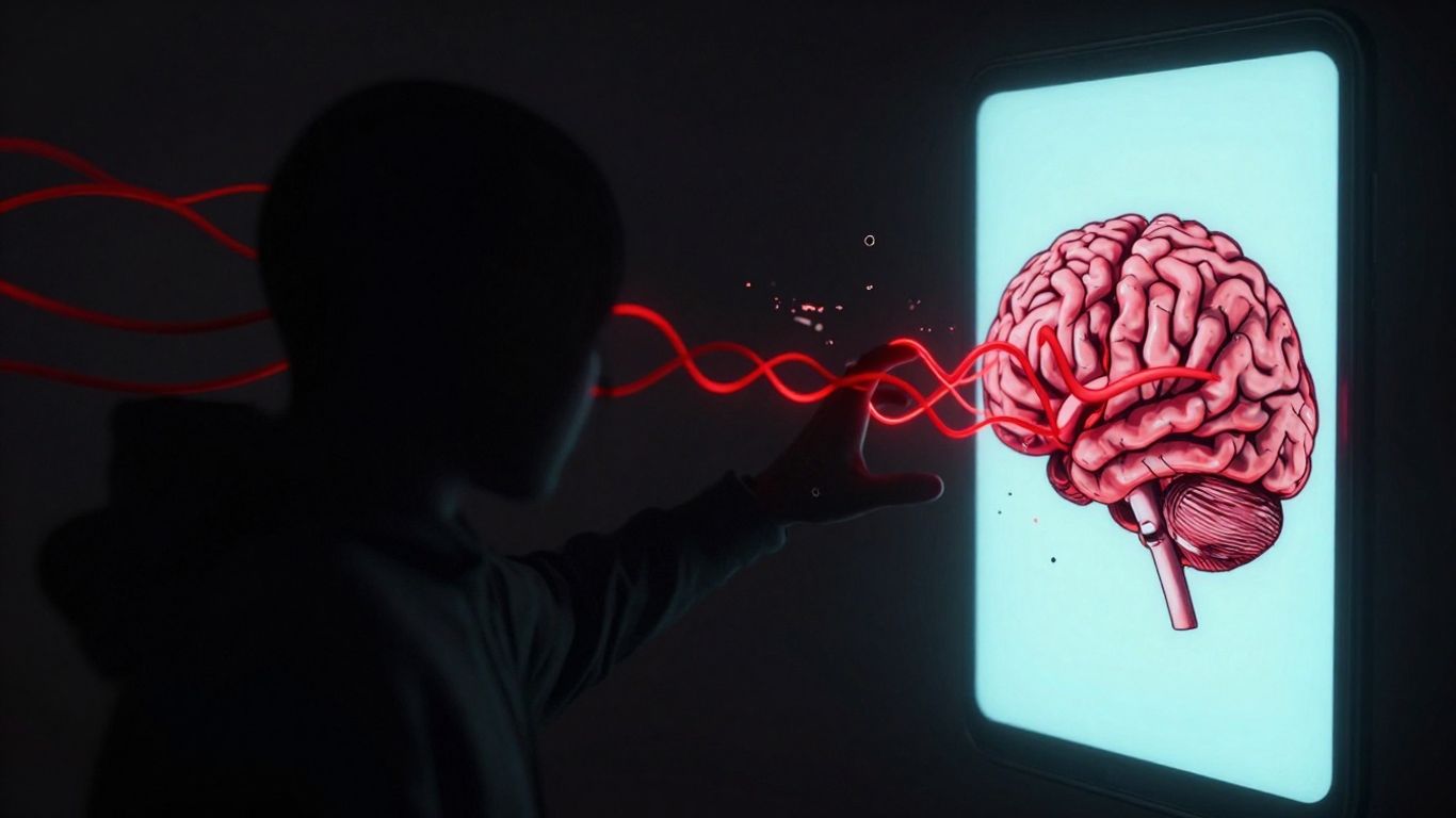 Digital brain corrupting a smartphone screen with red tendrils.