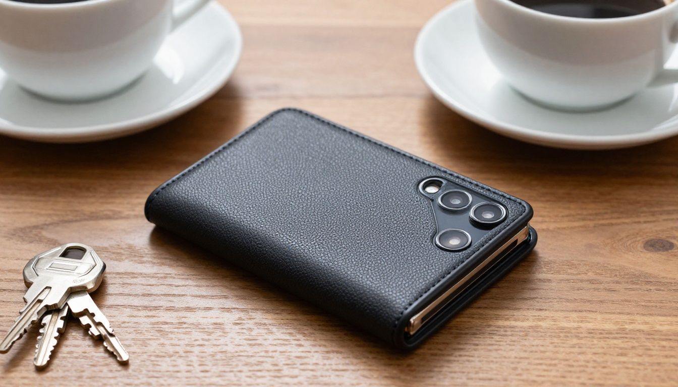 A close-up lifestyle shot of a Galaxy S25 FE inside a textured wallet case, resting on a wooden desk next to a coffee cup and keys.