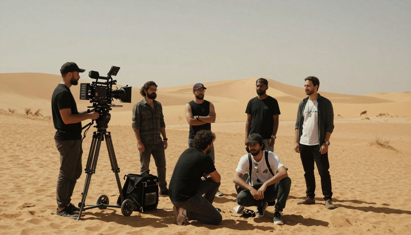 Cena dos bastidores de um set de filmagem cinematográfico épico com iluminação dramática no deserto