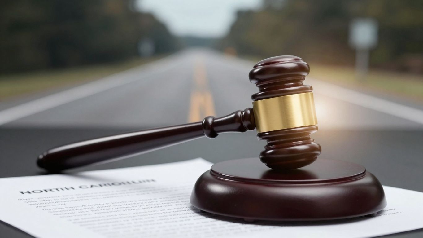 Gavel on legal document with NC highway background.