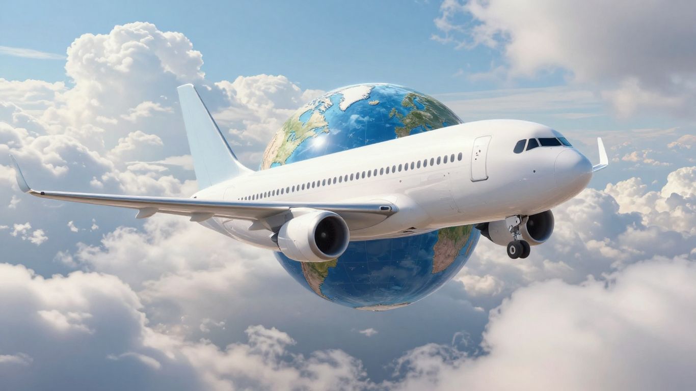 Airplane soaring through clouds, globe below.