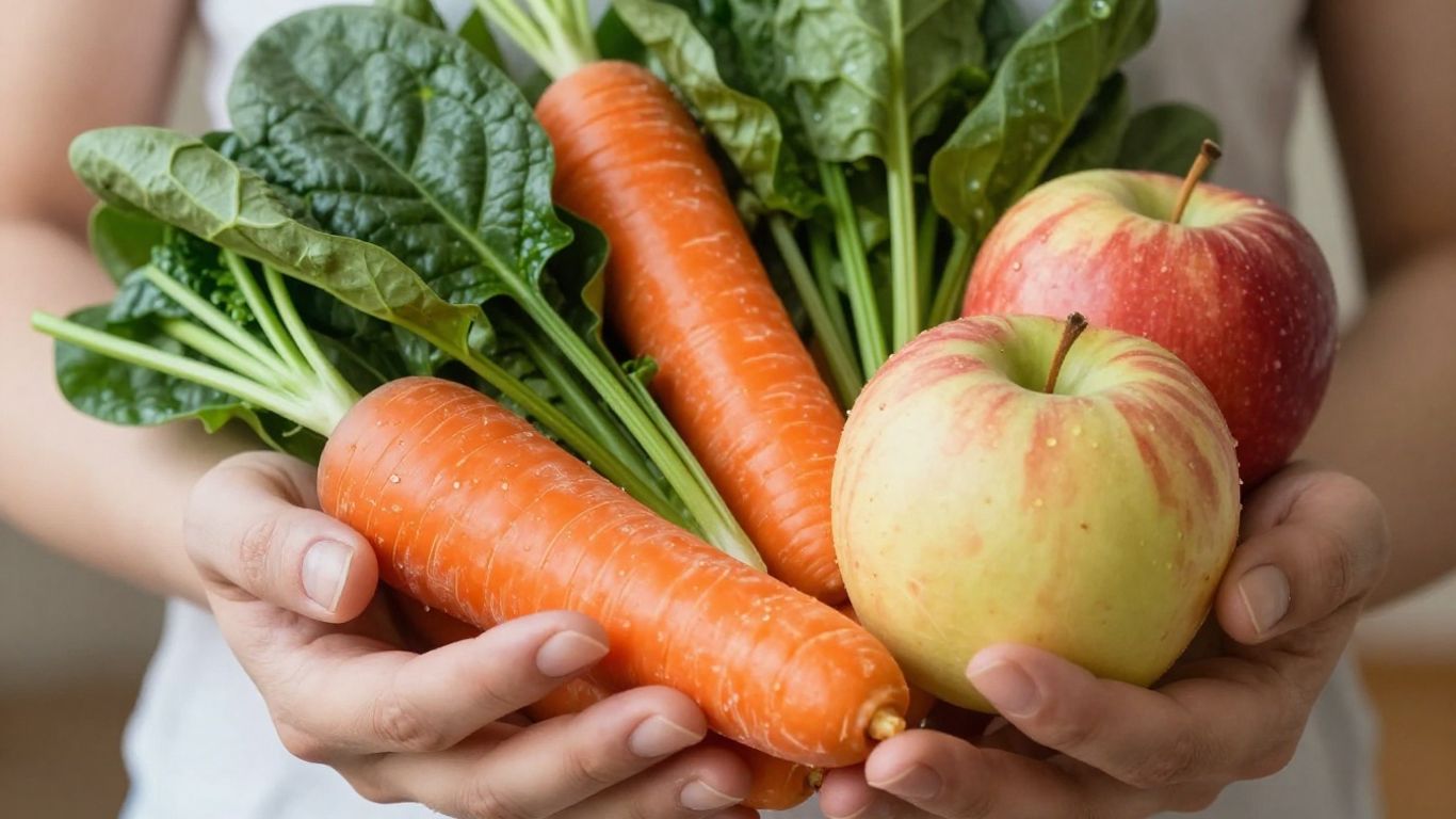 Frisches Obst und Gemüse in einer Hand