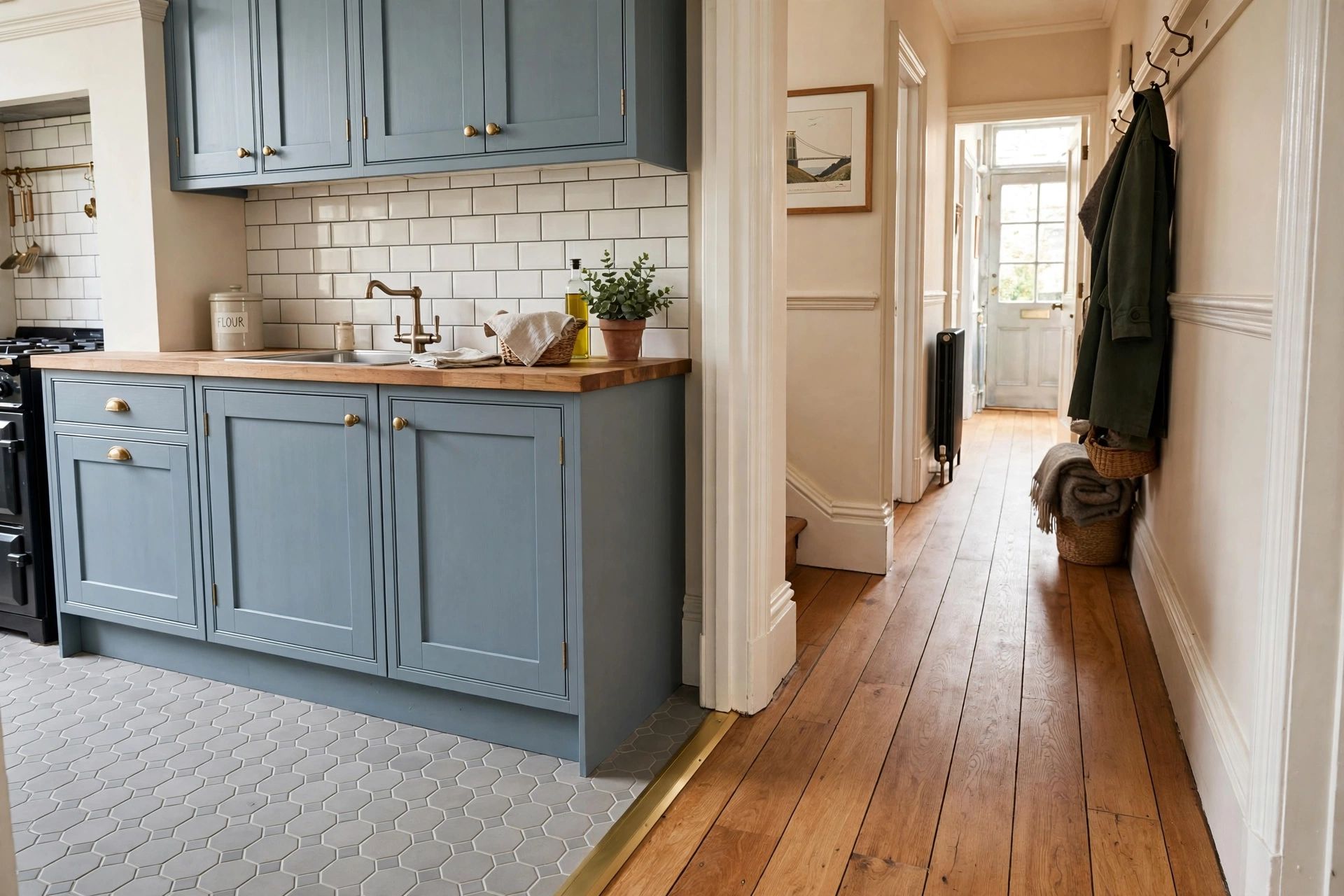A practical flooring transition between a Bristol kitchen and hallway, with cleanly finished edges