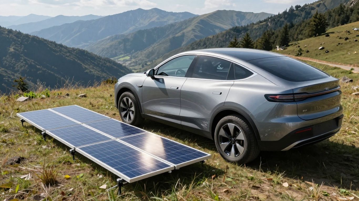 Electric vehicle and solar panels in a scenic outdoor setting.