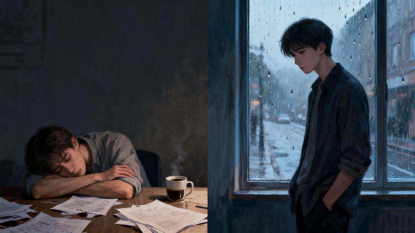 Person experiencing burnout versus feeling the blues.