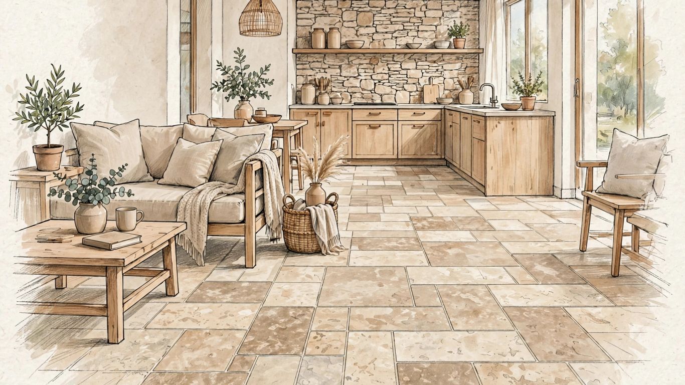 Travertine tile in a warm residential interior