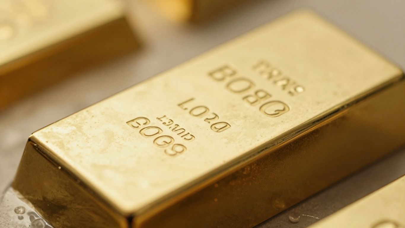 Glanzende goudstaaf op onscherpe achtergrond.