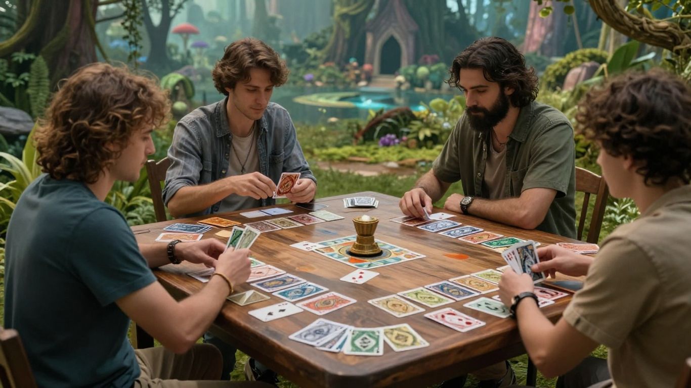 Solitaire game with fantastical landscape background.