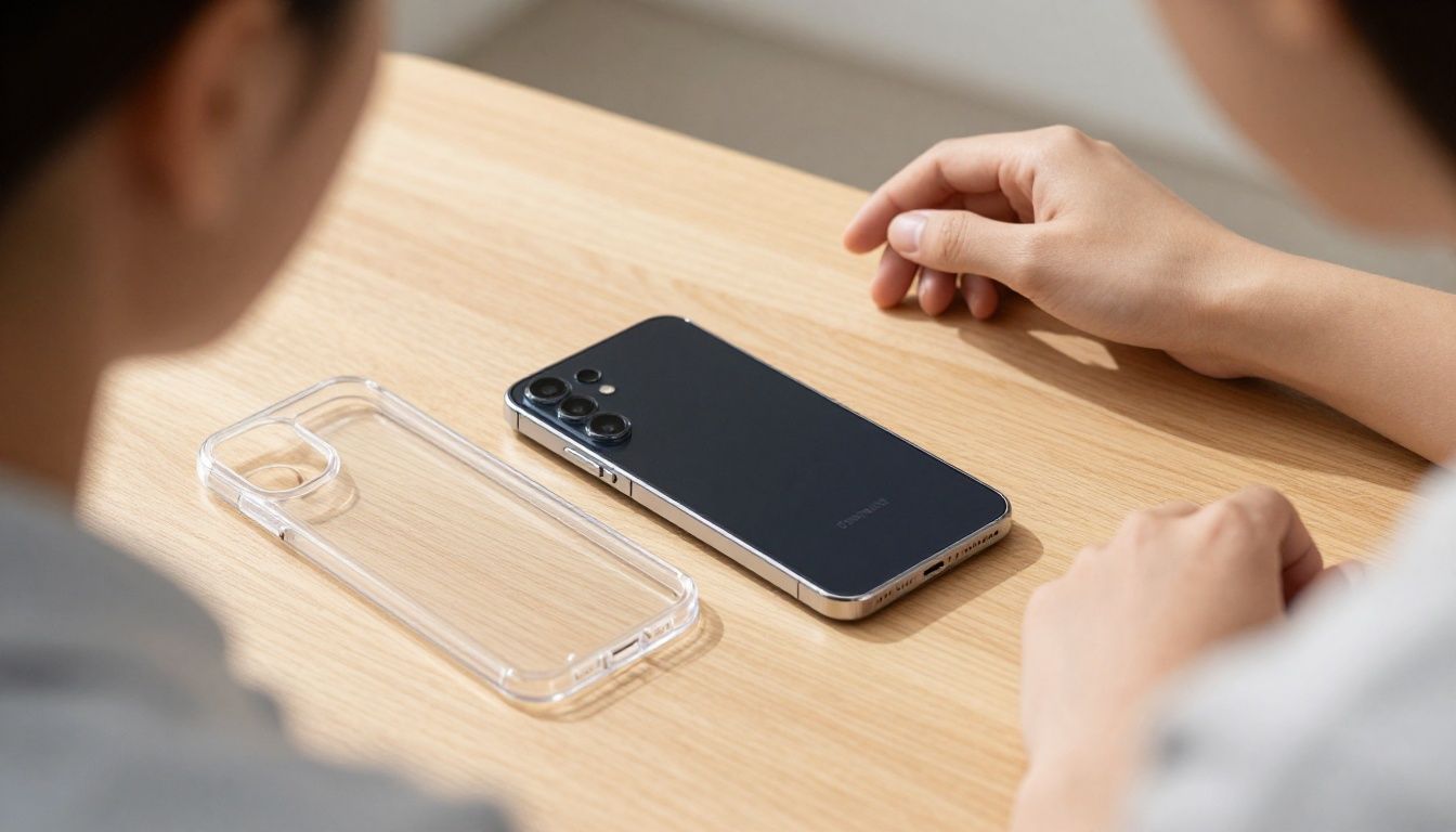 A person sitting at a sunlit wooden table, looking thoughtfully at their new Samsung Galaxy S25 phone which is next to a flimsy, generic-looking clear phone case.