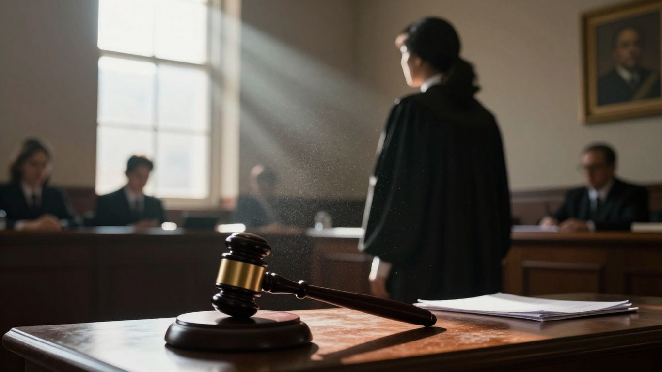 Juez y acusado en sala de tribunal.