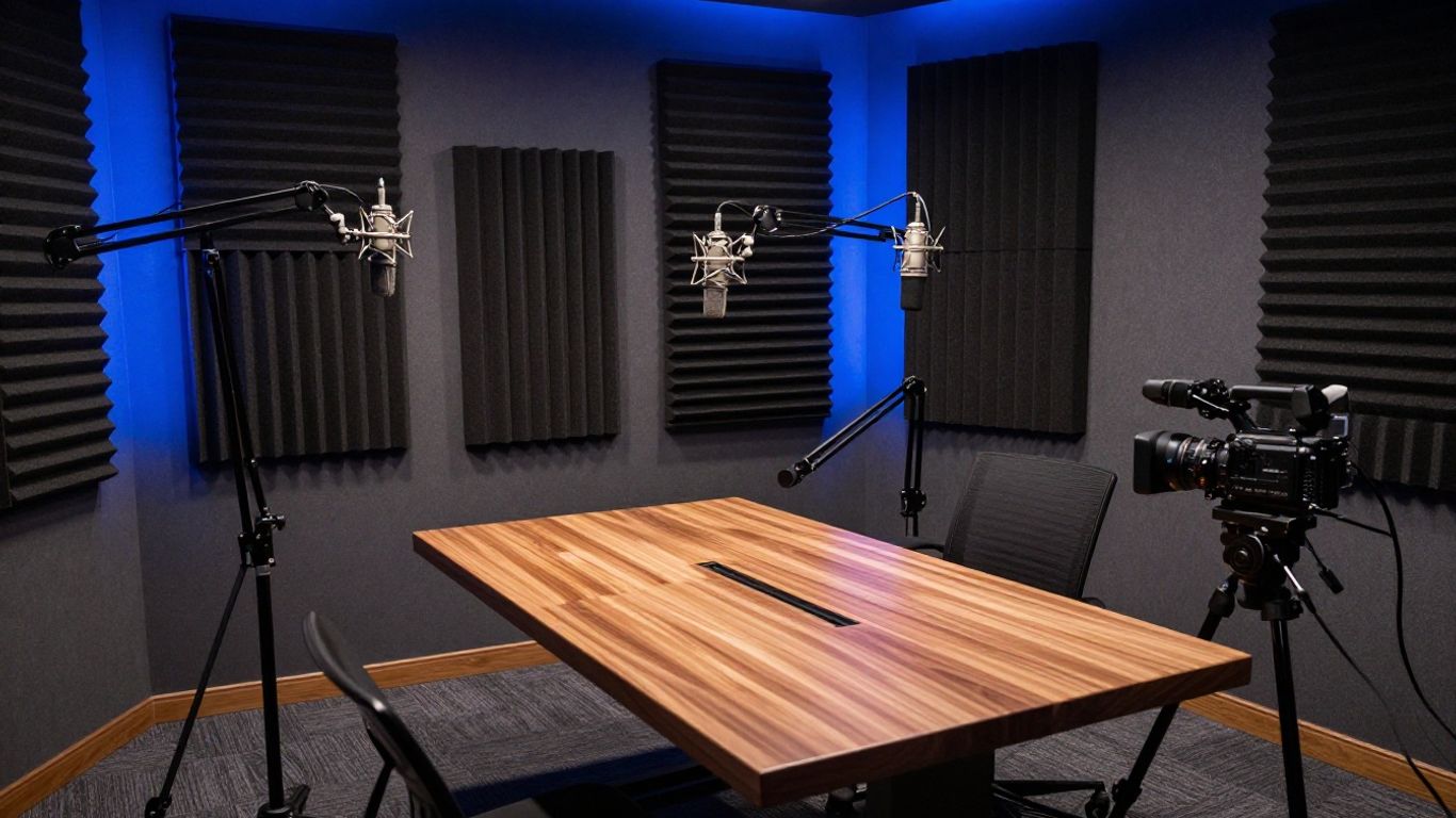 Professional lighting and audio gear in a studio