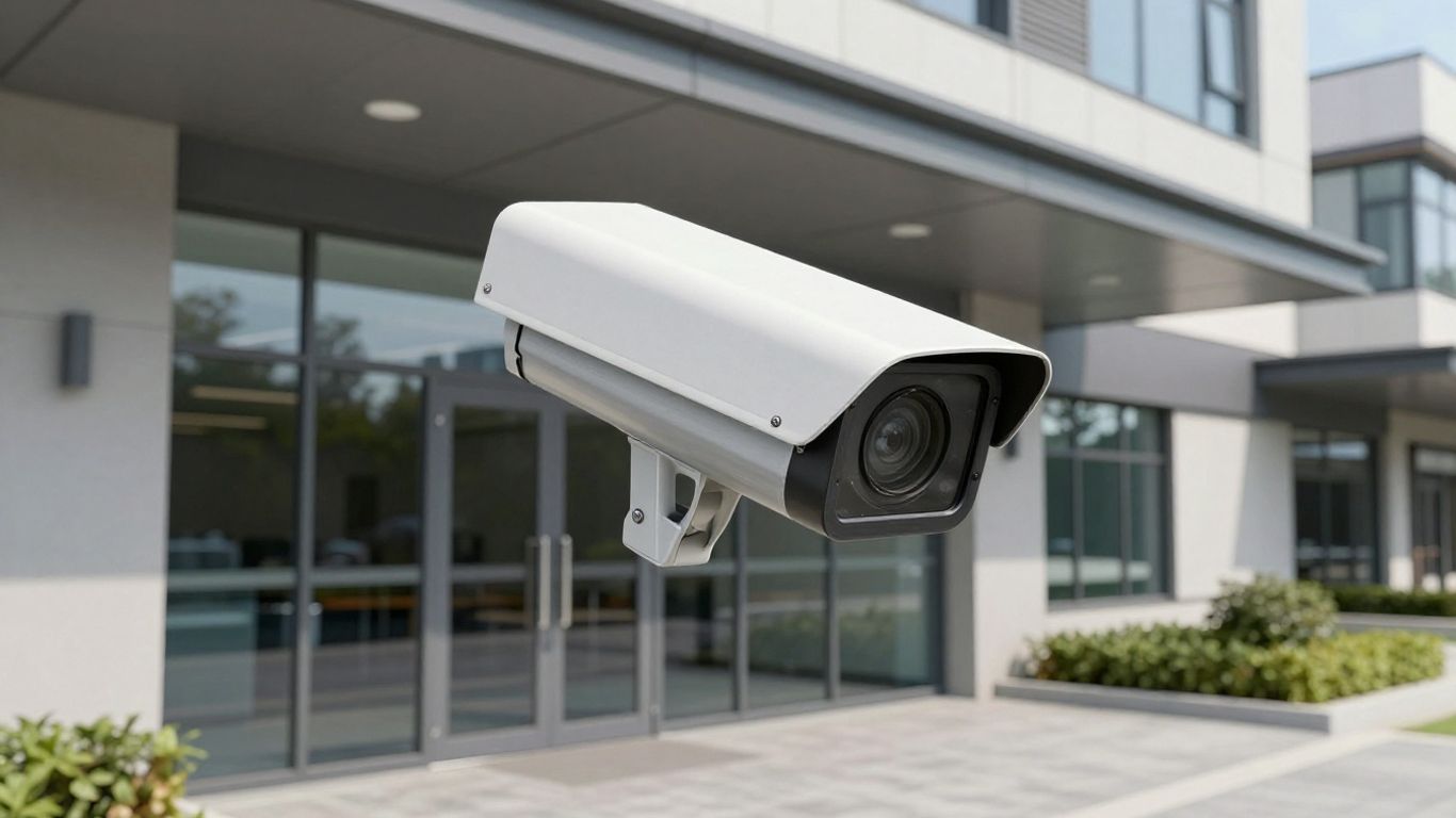 Outdoor bullet camera monitoring a commercial entrance