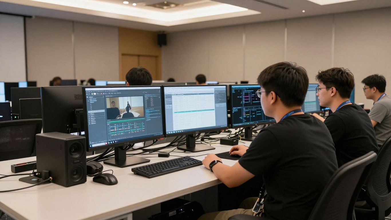 Production team preparing a livestream control area