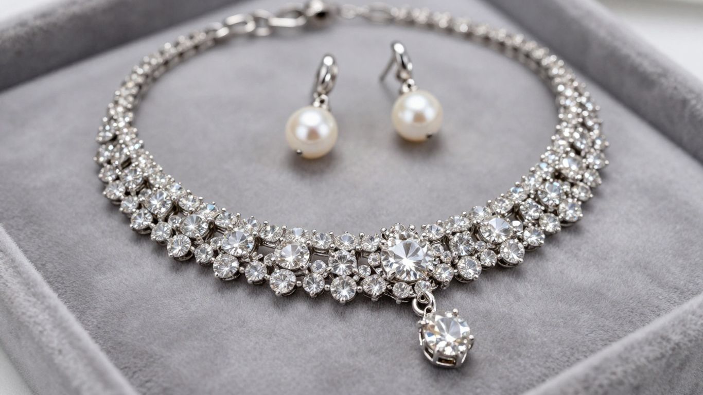 Sparkling diamond necklace and pearl earrings on velvet.