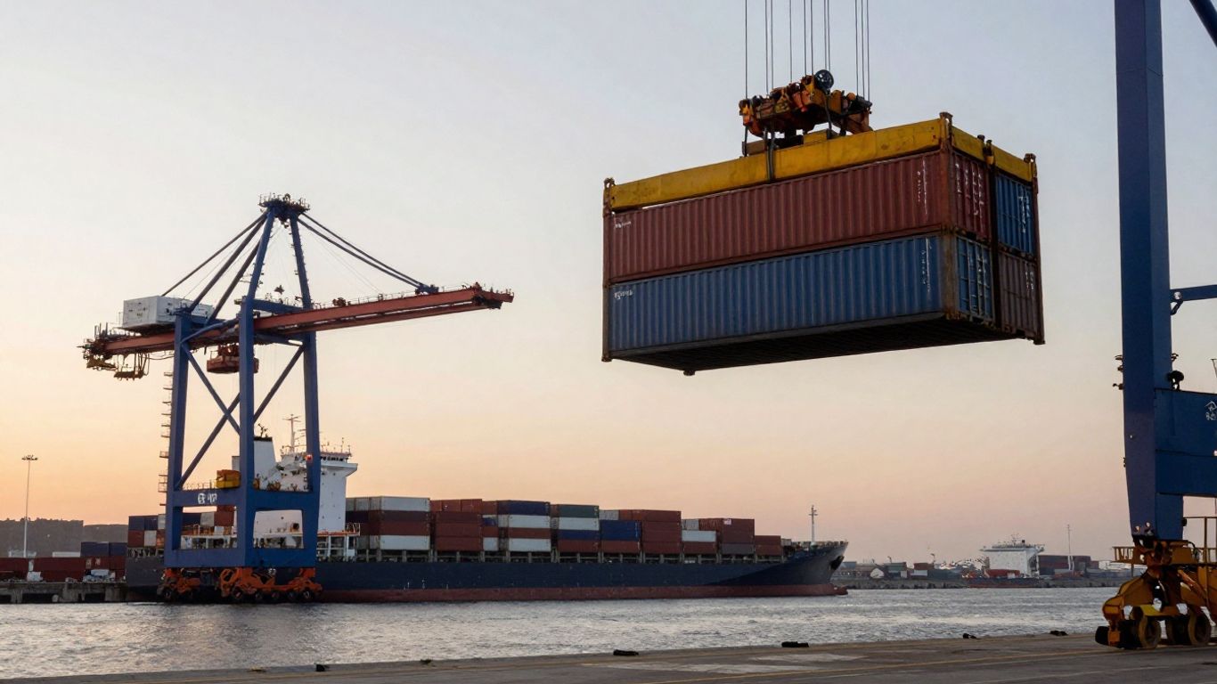 A shipping container being loaded at a busy port