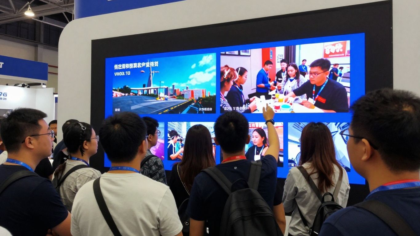 Trade show video screen engaging attendees