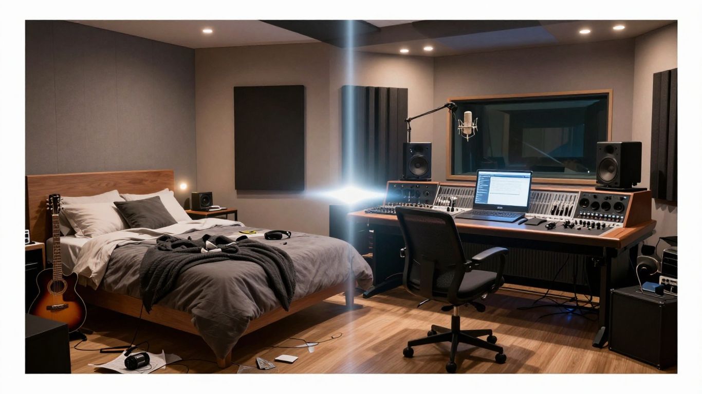 Bedroom music setup transforming into a professional studio.