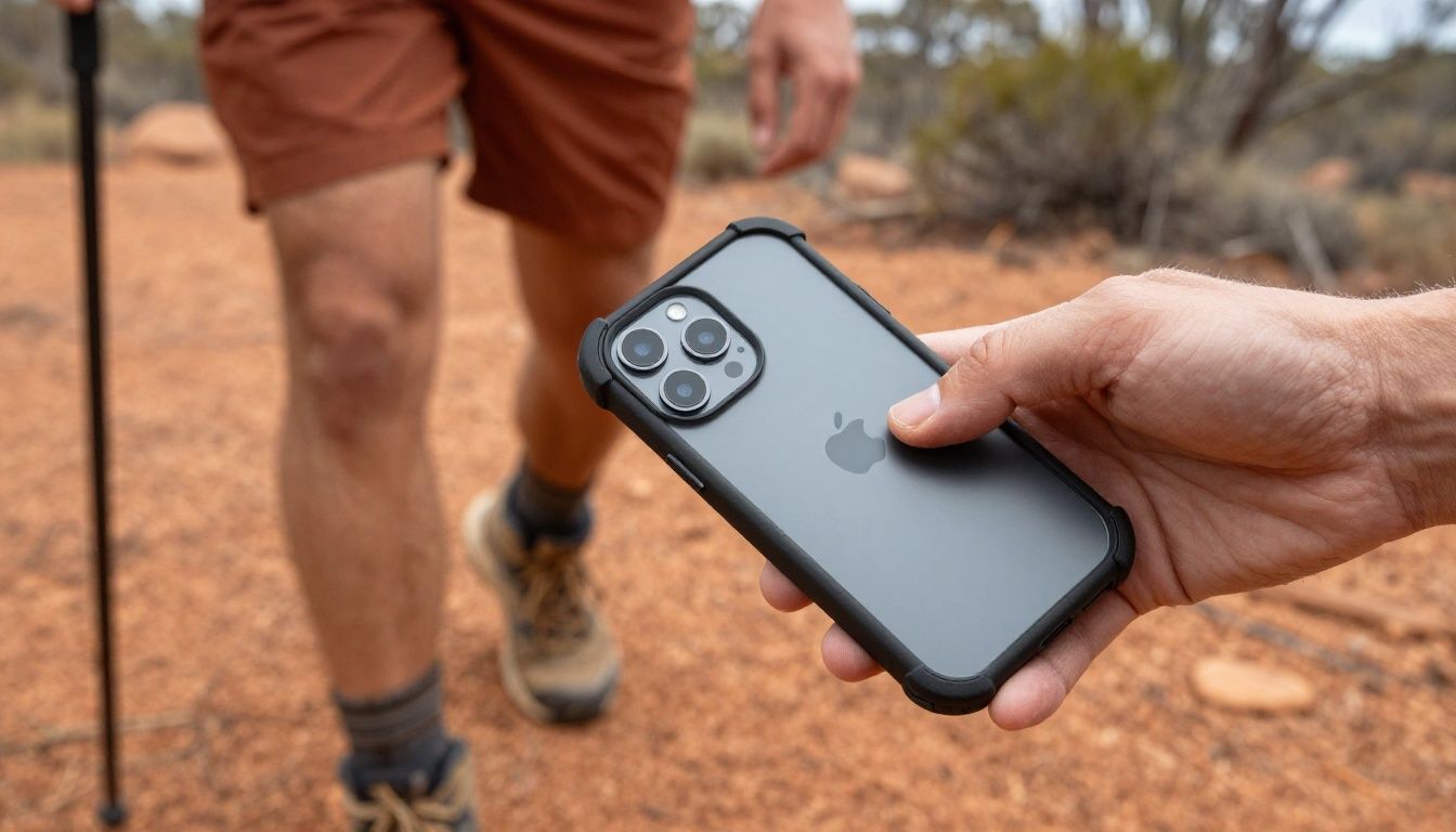 Someone hiking in the Australian bush, taking their iPhone 17 Pro out of their pocket, which is protected by a rugged, heavy-duty case.
