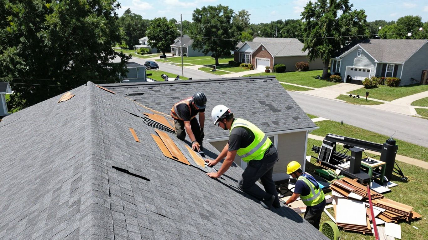 Roofers replacing shingles on a Georgetown home