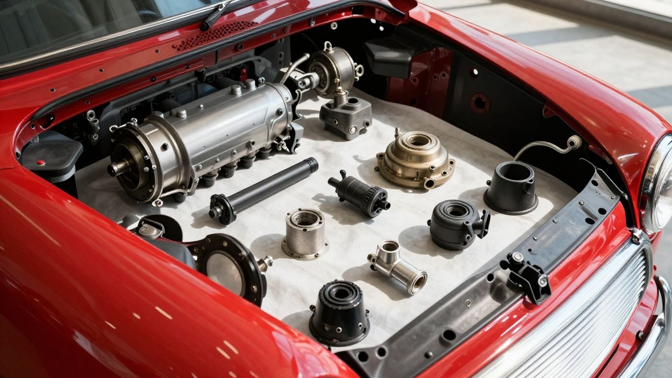 Mini Cooper parts laid out for sale.