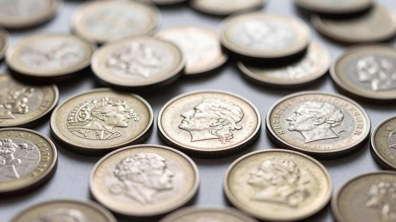 Close-up of various coins with detailed metallic textures.