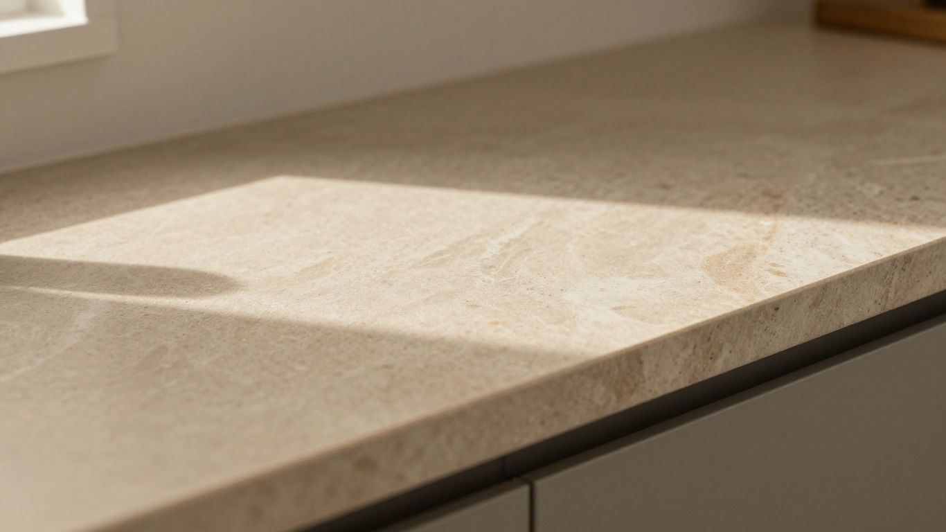 Durable vinyl kitchen worktop with stone effect.