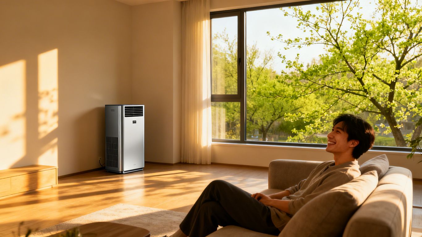 Relaxing person, clean HVAC, spring greenery.