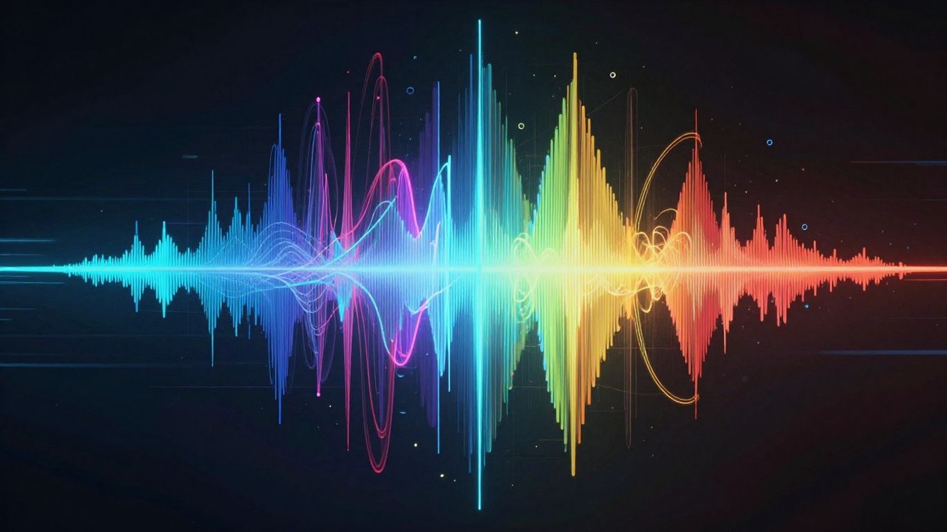 AI music creation interface with colorful sound waves.