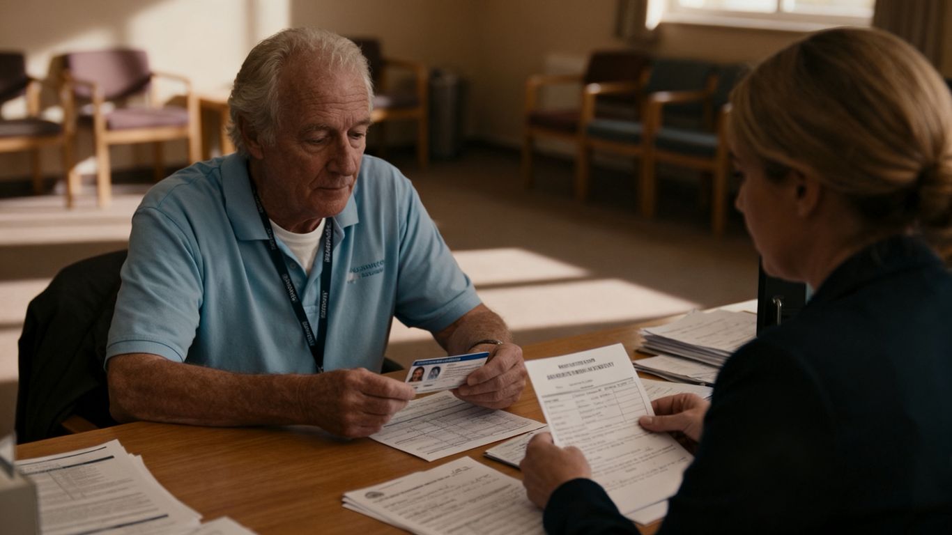 Supportive hostel worker reviewing identity options