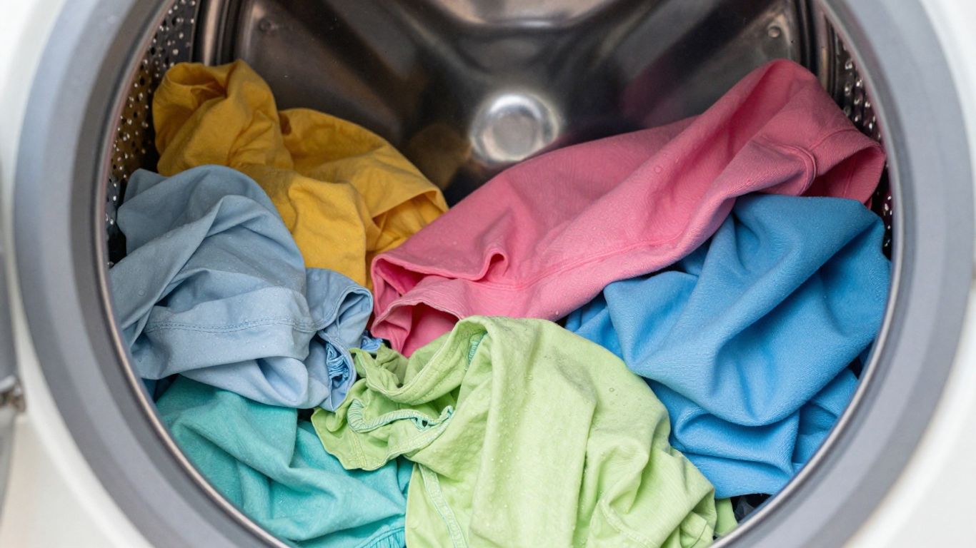 Lavadora con ropa y gotas de agua.