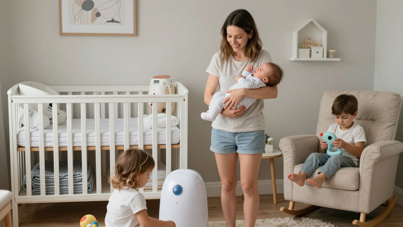 Mom with baby and toddler in a nursery.