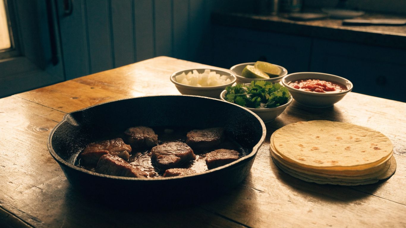 Bistec dorado con tortillas y guarniciones frescas