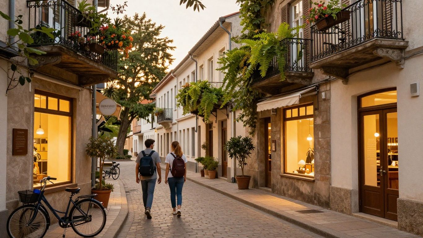 Rue piétonne européenne au petit matin