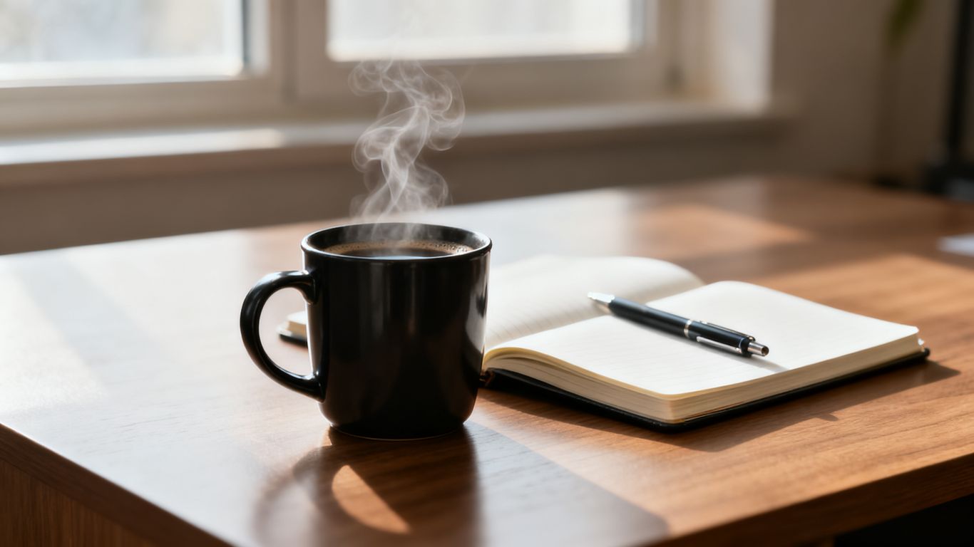 Steaming black coffee beside a notebook