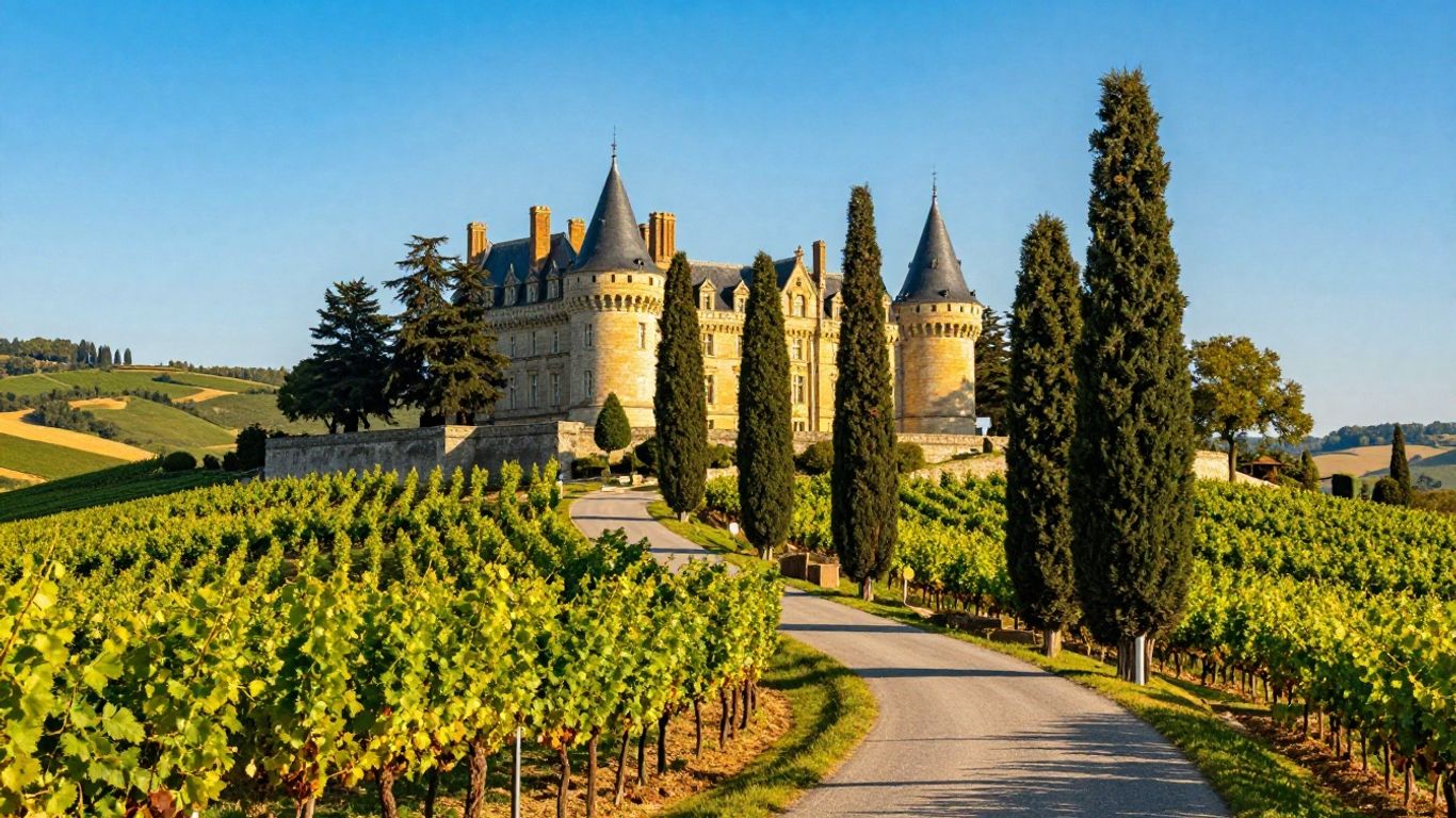 Scenic road leading to a French château in Loire Valley.