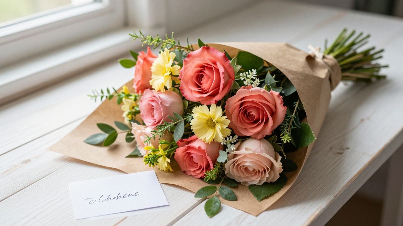 A colorful seasonal bouquet wrapped in paper