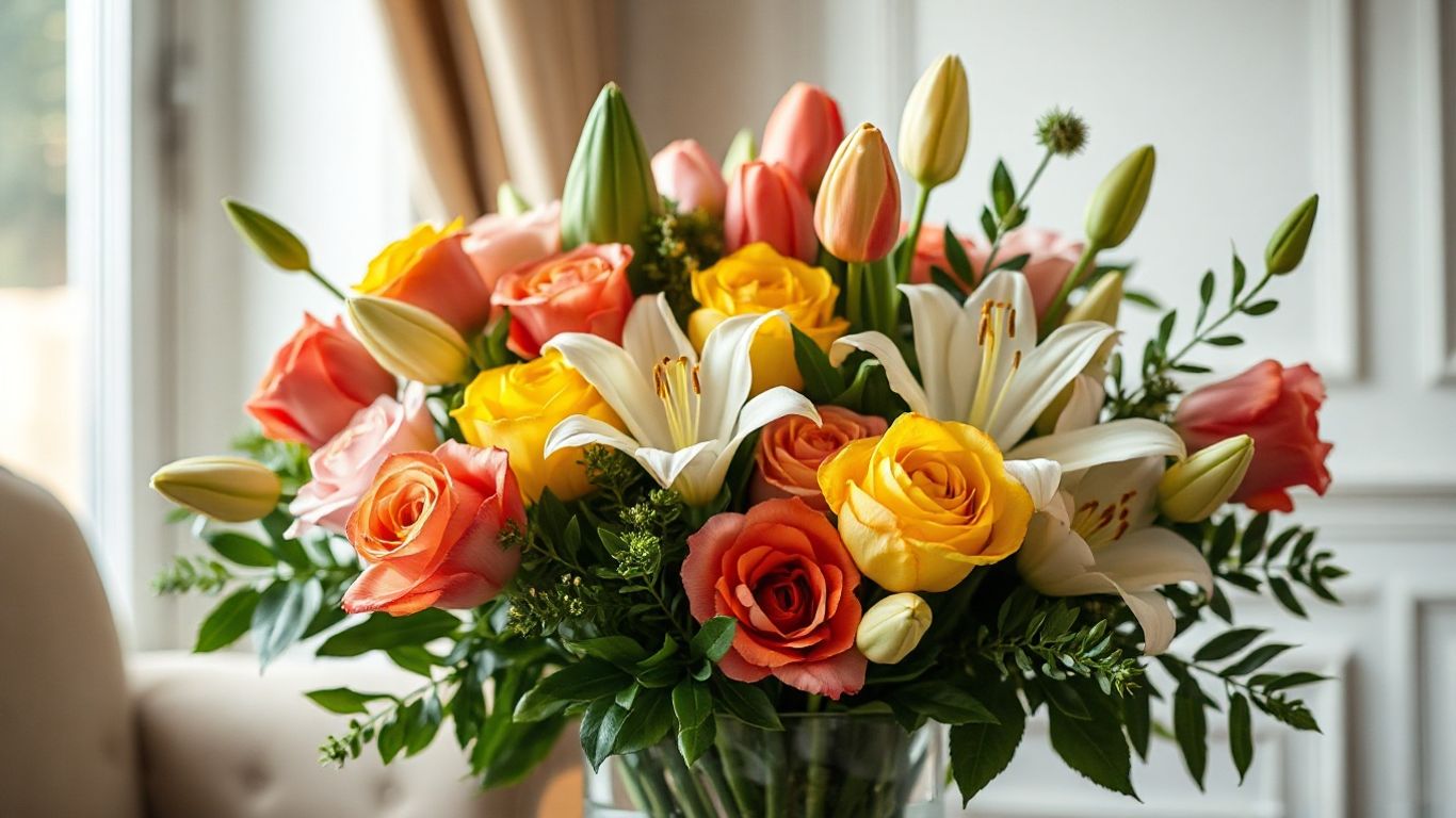 Bright birthday bouquet with seasonal flowers