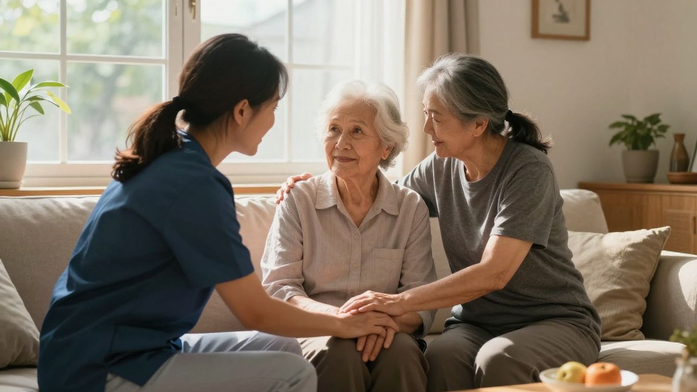Caregiver assisting elderly person in a home.