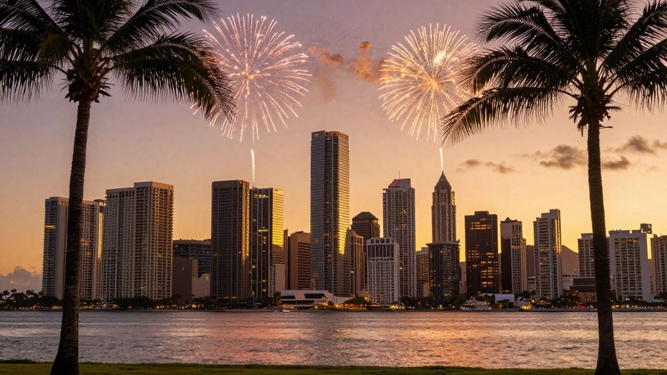 Gold Coast skyline with fireworks and palm trees.