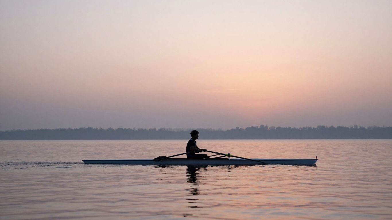 Ruderer auf ruhigem Wasser bei Sonnenaufgang