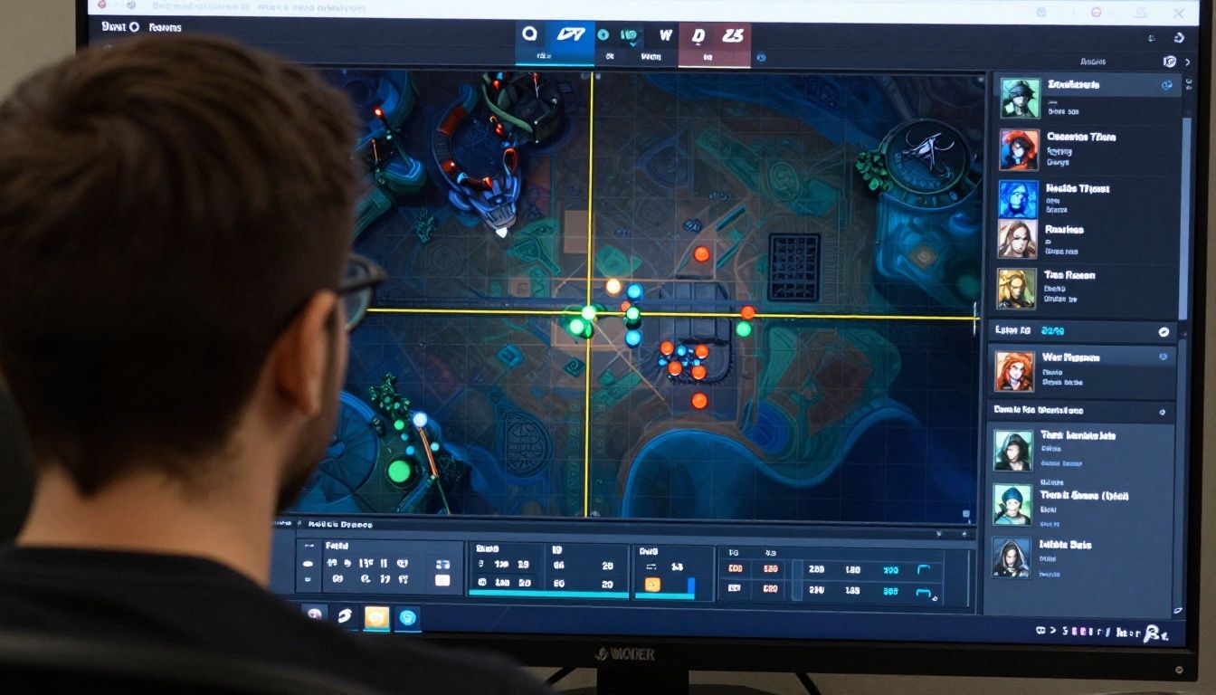Um jogador focado em frente aos monitores analisando o mapa do Dota 2