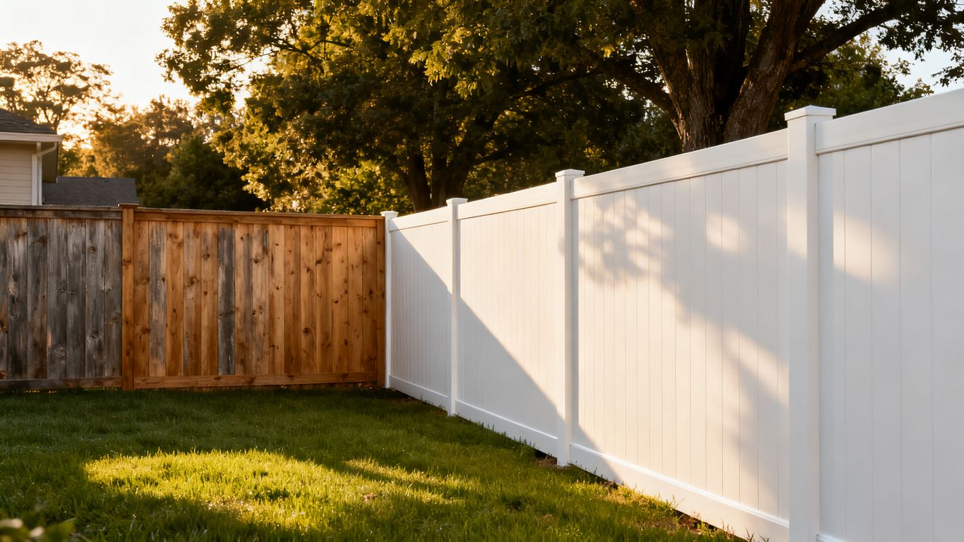 Wood and vinyl fence options in a residential yard